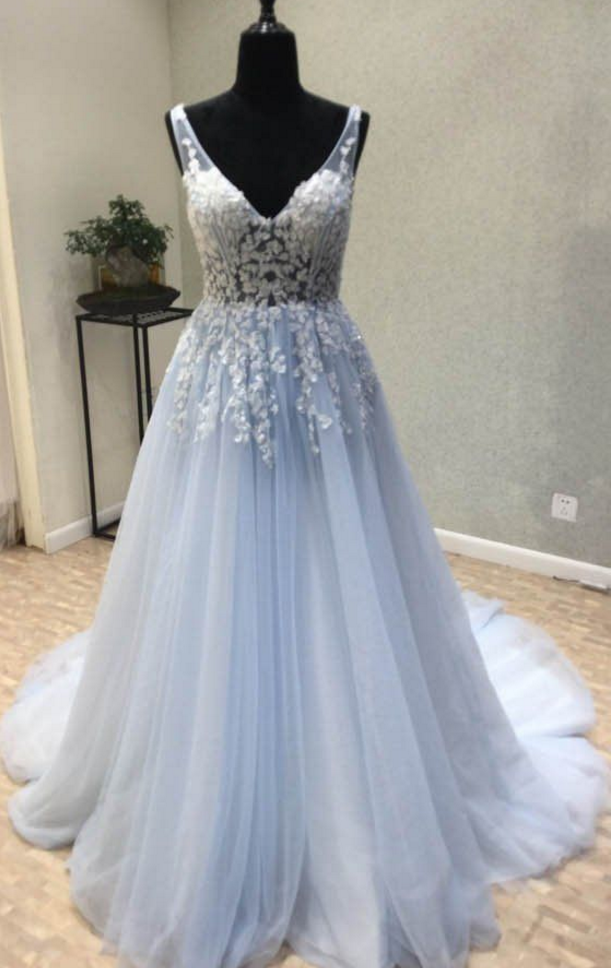 Light Blue V Neck Prom Dress, Applique Tulle Prom Dress, Long A-line ...