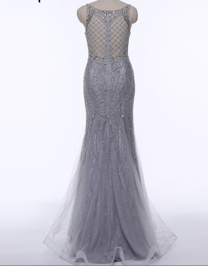 Grey Evening Sexy Dubai PROM Dresses, Evening Luxury Crystal Party Dress Mermaid Real Photos on