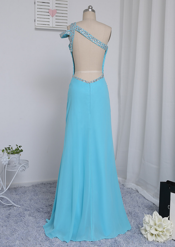 Blue Prom Dresses Mermaid Open Back Beaded Sexy Slit Long Prom Gown ...