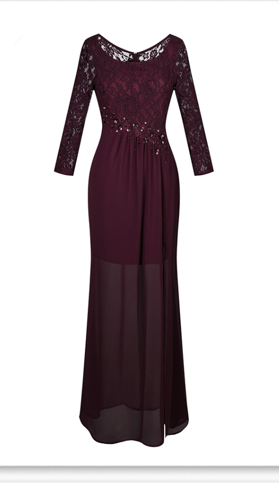 Long Neck Lace Long Sleeve Purple Silk Dress Teamed Key Type Transparent Pearls Crease Sewing ...
