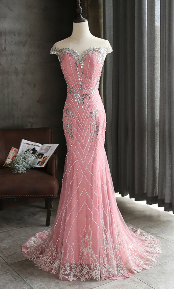 Luxury Strass Mermaid Dubai Long Party Rose Crystal Pearls Formal ...