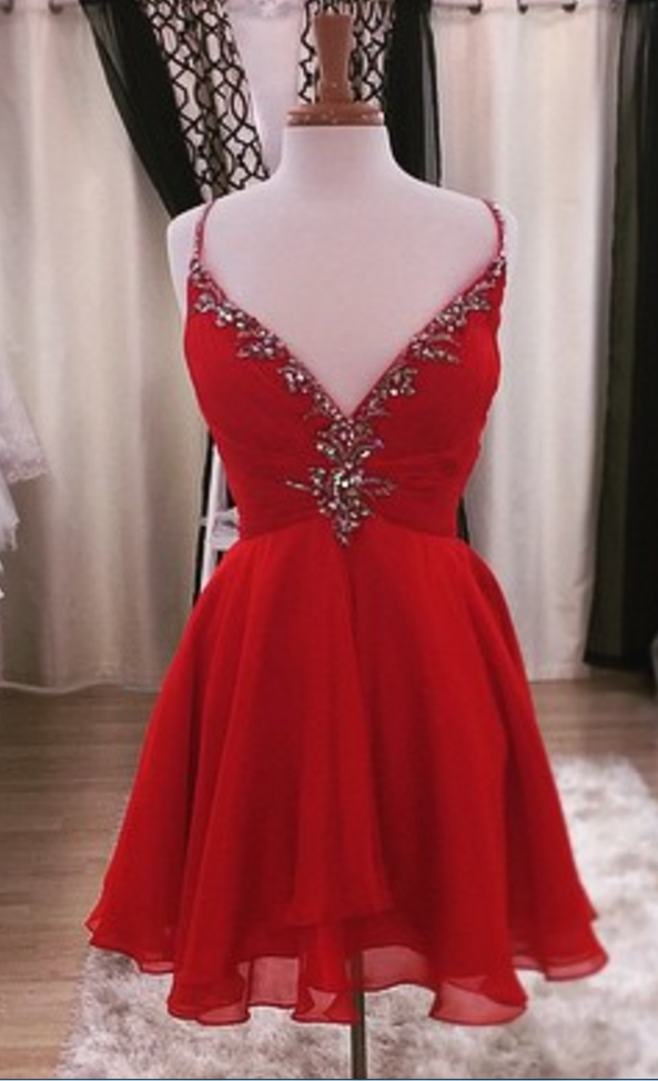 Elegant V Neck Short Red Chiffon Homecoming Dresses With Beads,short ...