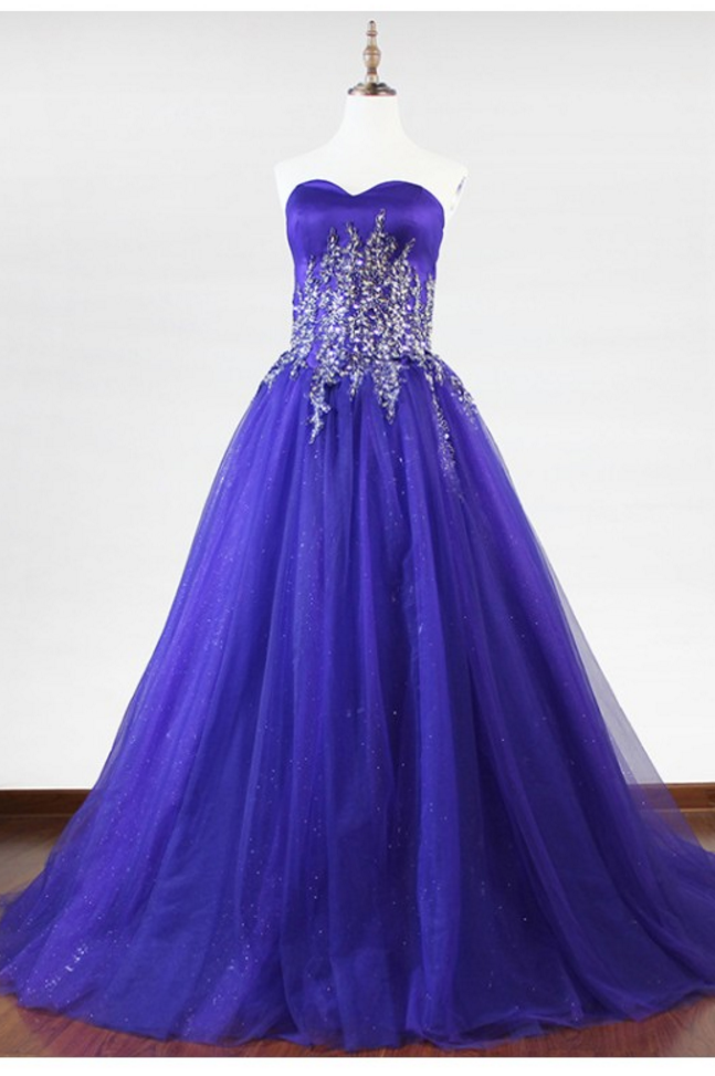 Royal Blue Prom Dress With Beaded Long Puffy Tulle Foraml Evening Dress ...