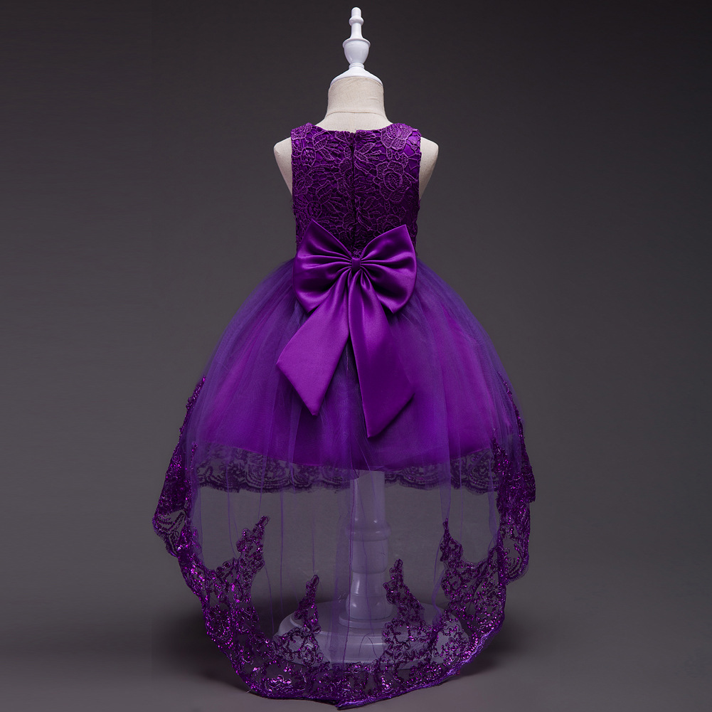 Girls Lace Trailing Flower Girls Dress Bow Kids Sequins High Low Party