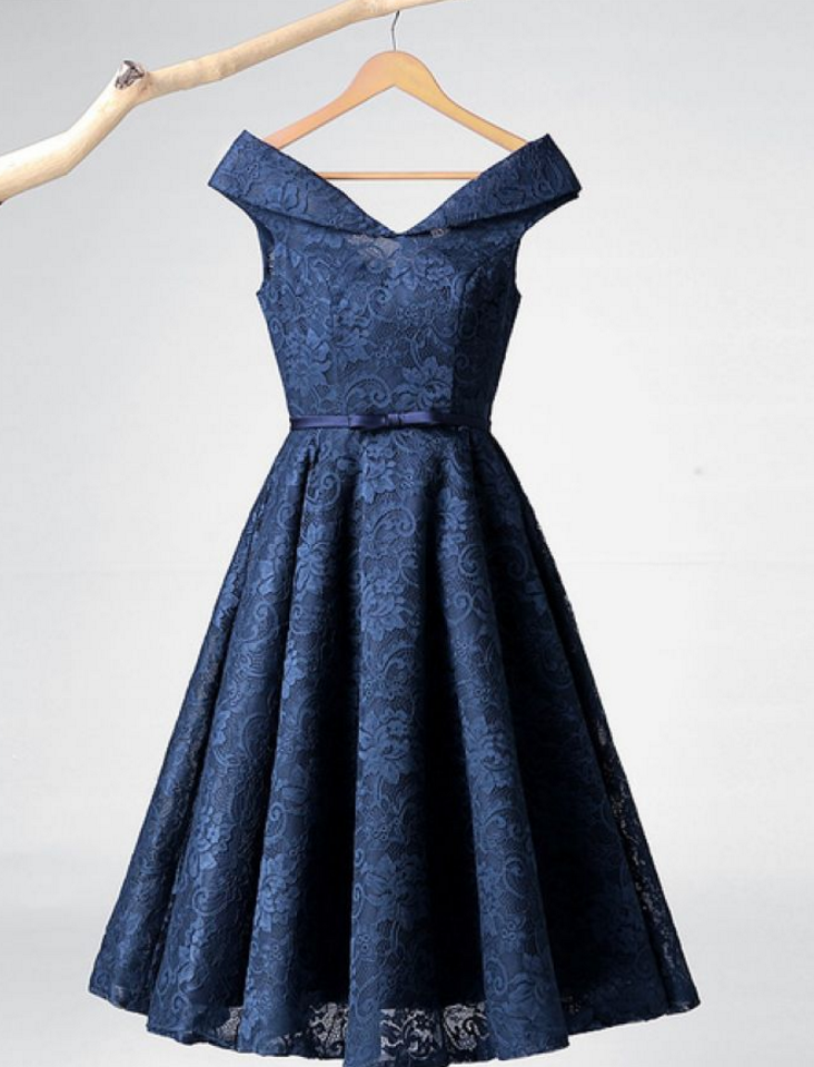Navy Blue Off the Shoulder Lace-Up Homecoming Dress