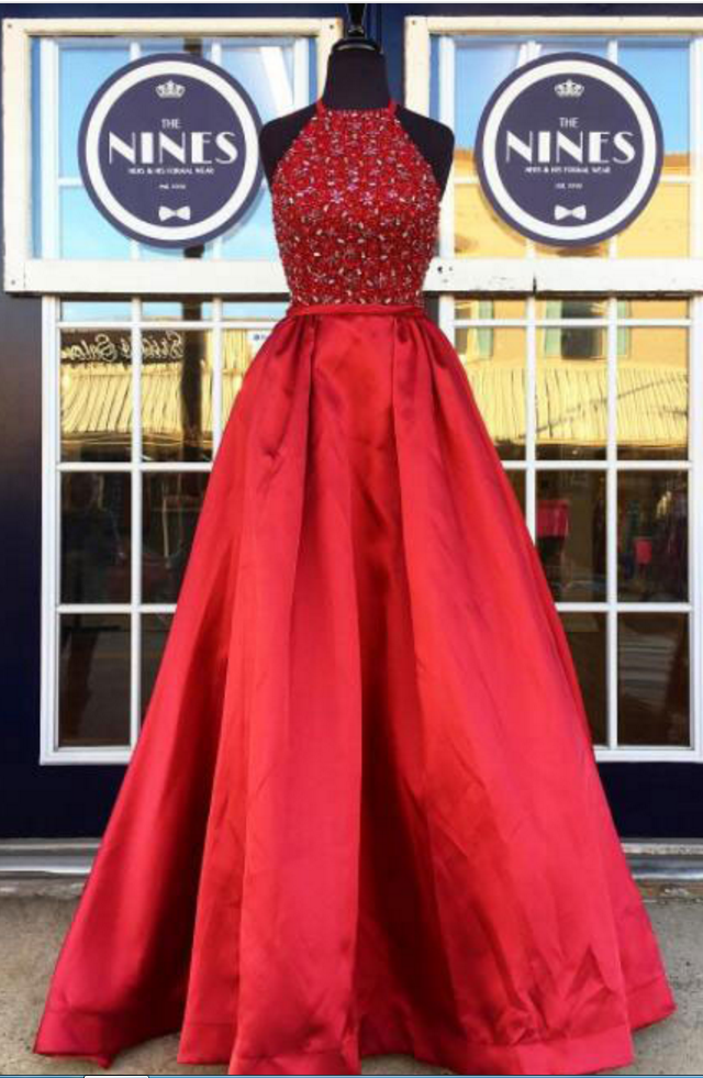 A Line Halter Satin Appliques Prom Dress with Slit LBQ2633 main image 1