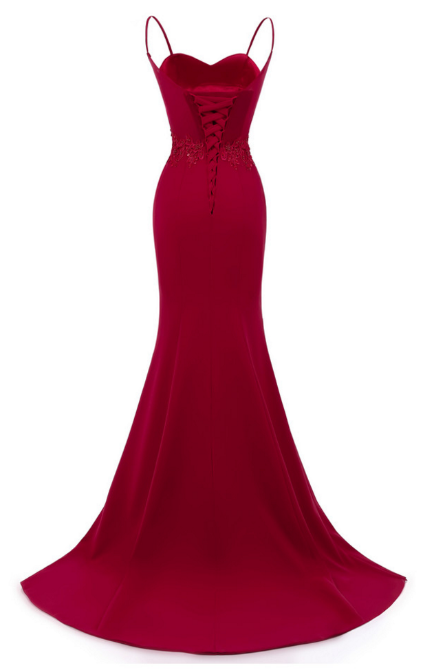 Dark Red Straps Long Formal Dresses, Red Mermaid Party Dresses, Red ...