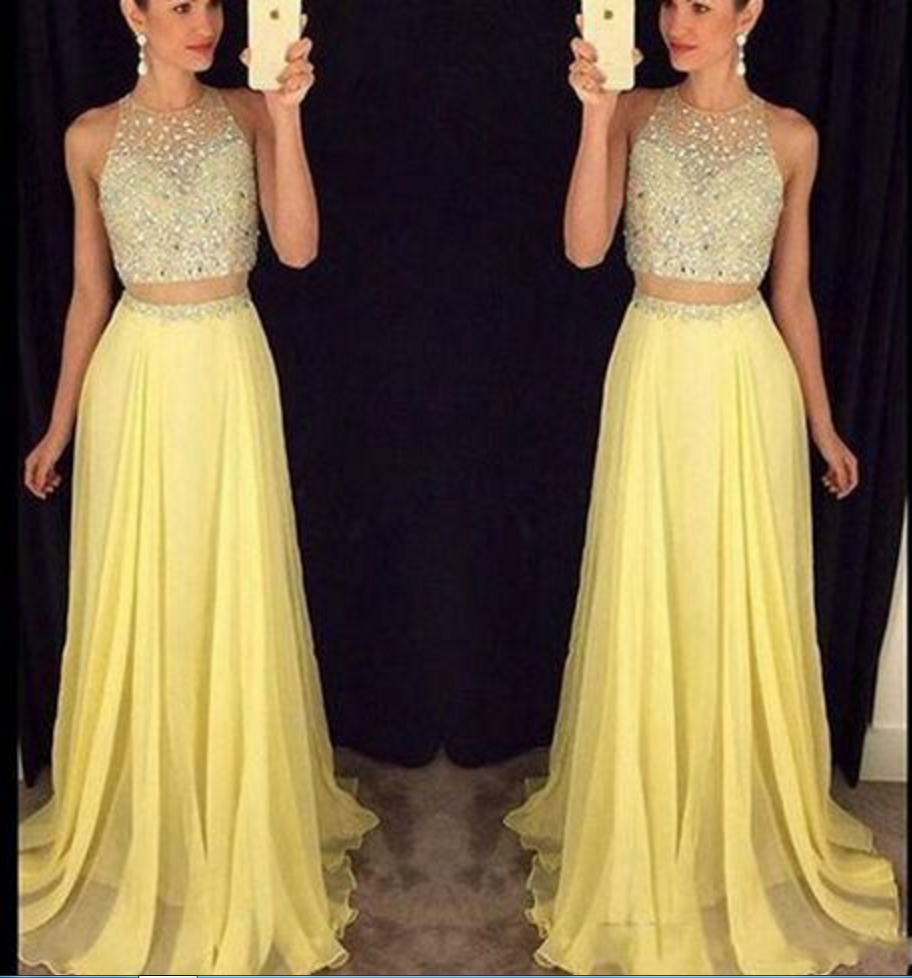 Yellow Long Prom Dress,elegant Aline 2 Pieces Long Prom Gown