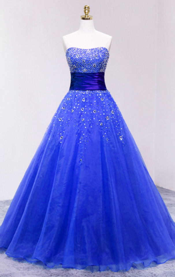 Blue Organza Beaded Sweetheart A-Line Long Prom Gown main image 1
