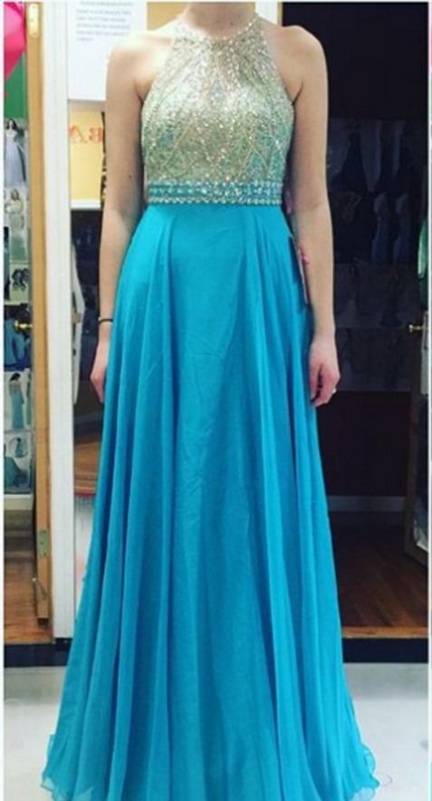 Blue Backless Crystal A-line Chiffon Prom Dresses on Luulla