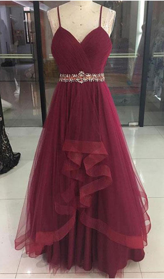Modern Burgundy Long Prom Dress Tulle Crystal Evening Gown Sweetheart