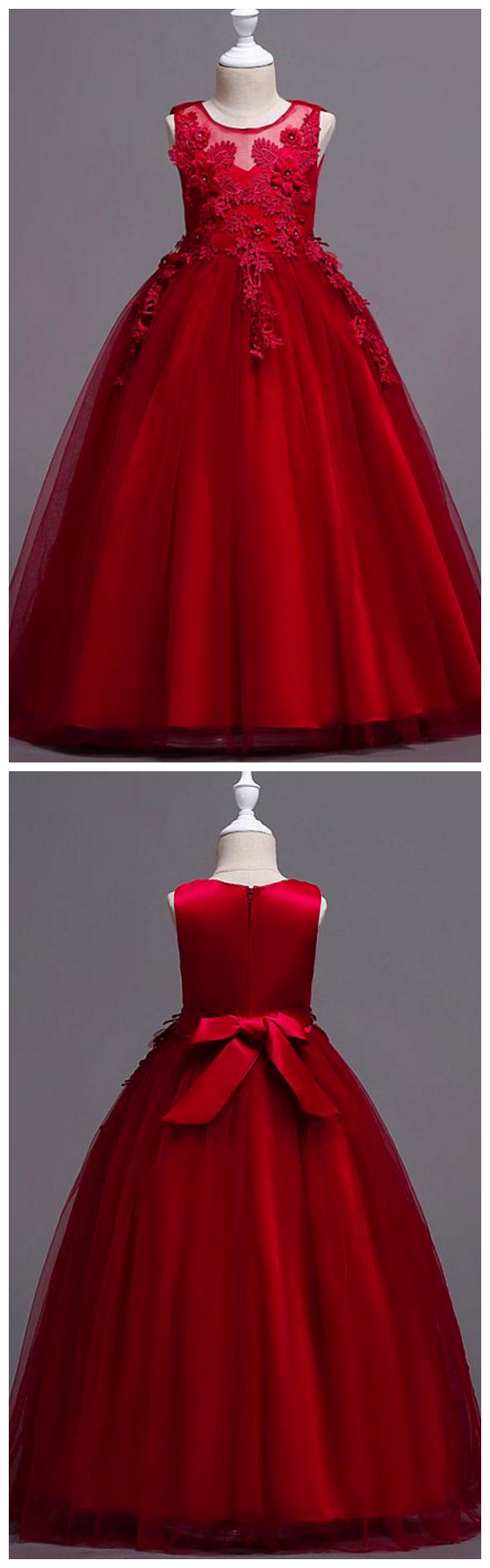 A-Line Flower Girl Dress With Jewel and Sash Ribbon - Floor Length main image 1