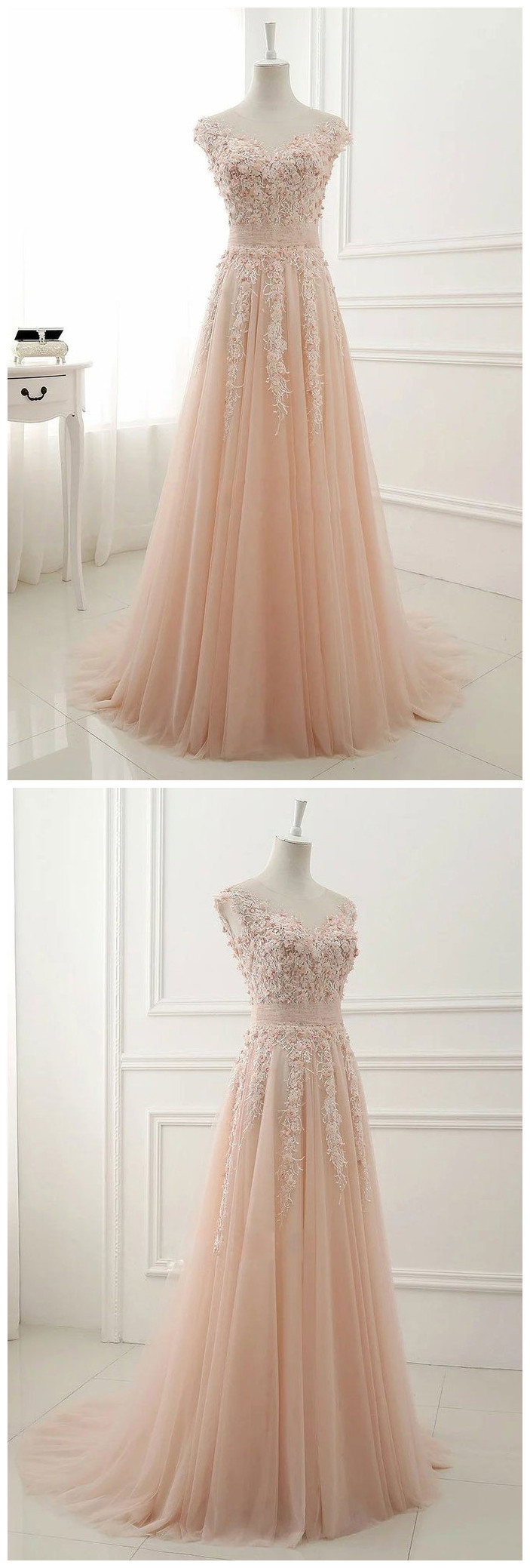 Pink round neck tulle lace long prom dress pink lace evening dress   cg11749 main image 1