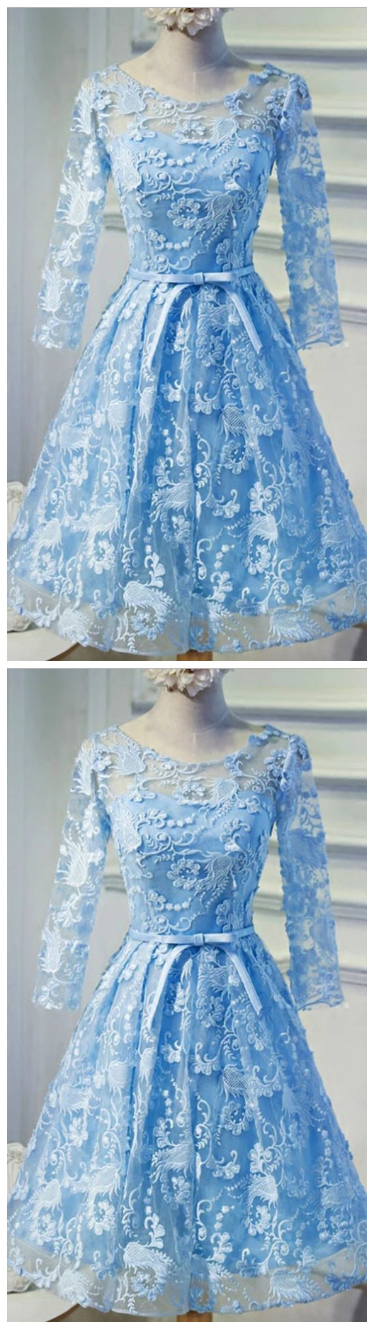 3/4 Sleeves Lace Top Bateau Neck Floor-length Dress Ink Blue