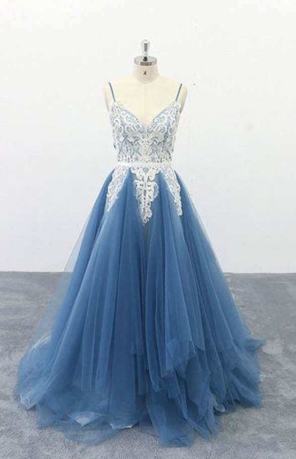 Blue V-neck Lace Appliques Tulle Long Prom Dress With Open Back MP1219 main image 1