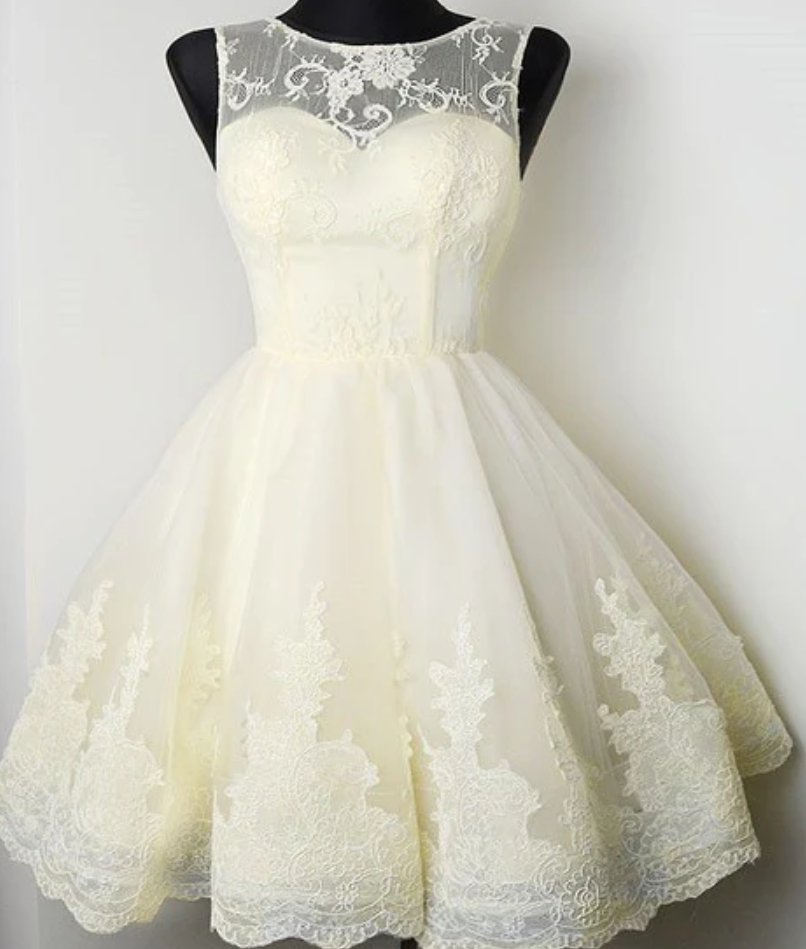 A-line Bateau Beige Tulle Short Homecoming Dress With Lace on Luulla