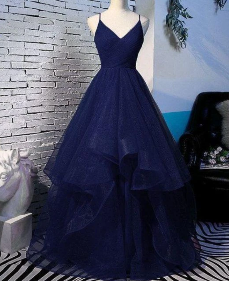 Charming Spaghetti Strps Navy Blue Prom Dress 2021, Tulle Layers Long