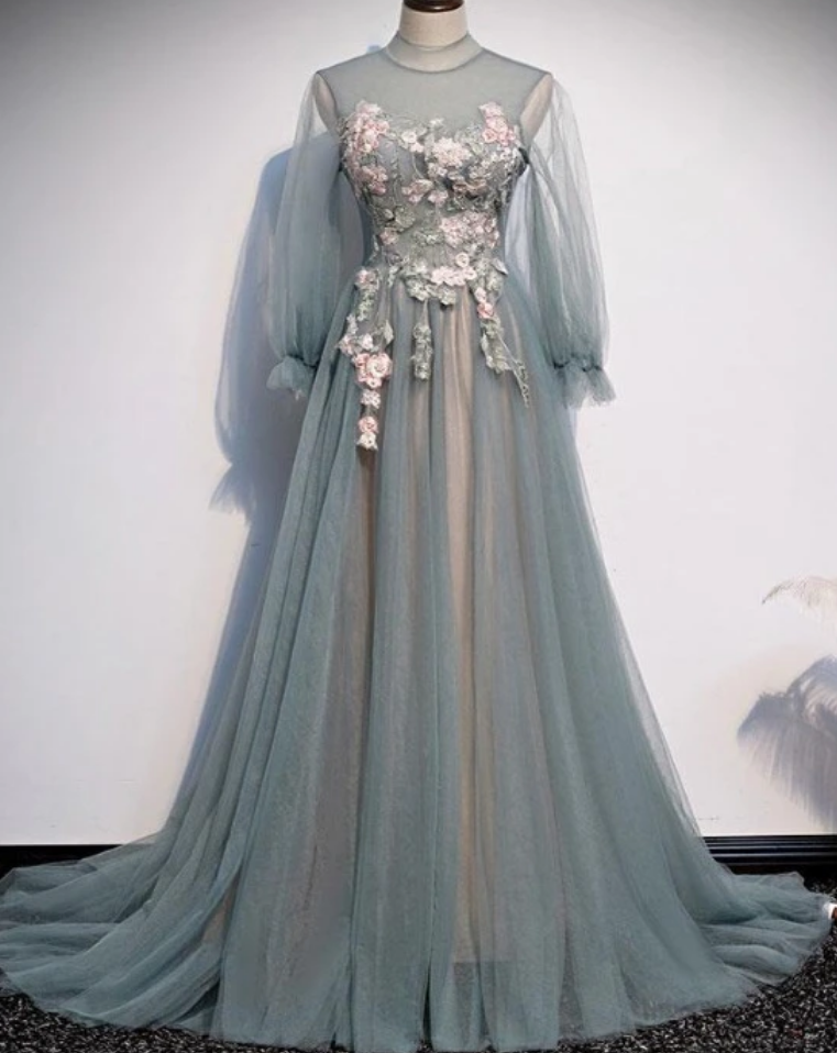 Long Sleeves Tulle Dresses with Appliqued Rust