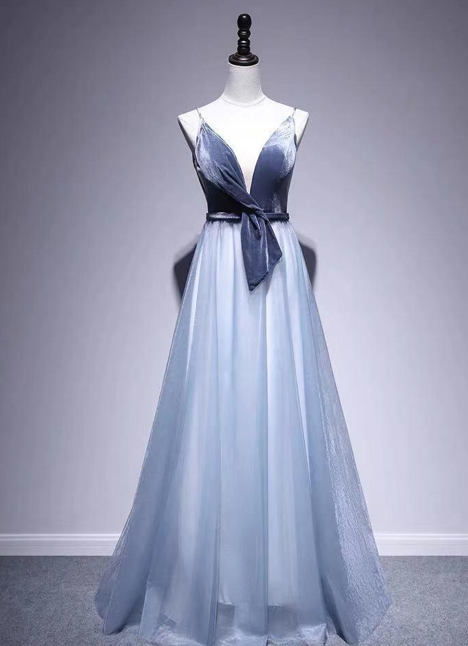 Sexy Blue Velvet Strapless Dress, Simple Vneck Strapless Party Dress