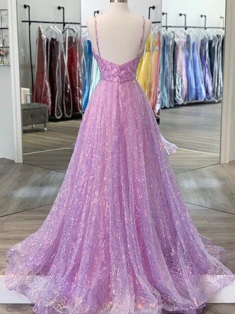 Shiny V Neck Backless Pink Long Prom Dresses ,DS4503