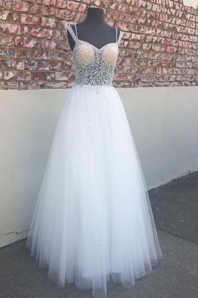 White Sweetheart Neck Tulle Beads Long Prom Dress White Evening Dress main image 0