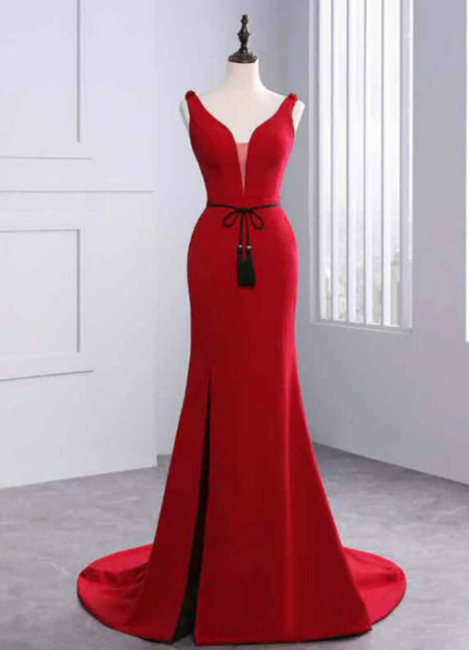 Red Long Mermaid V-neck Satin Backless Formal Prom Dresses with High Slit