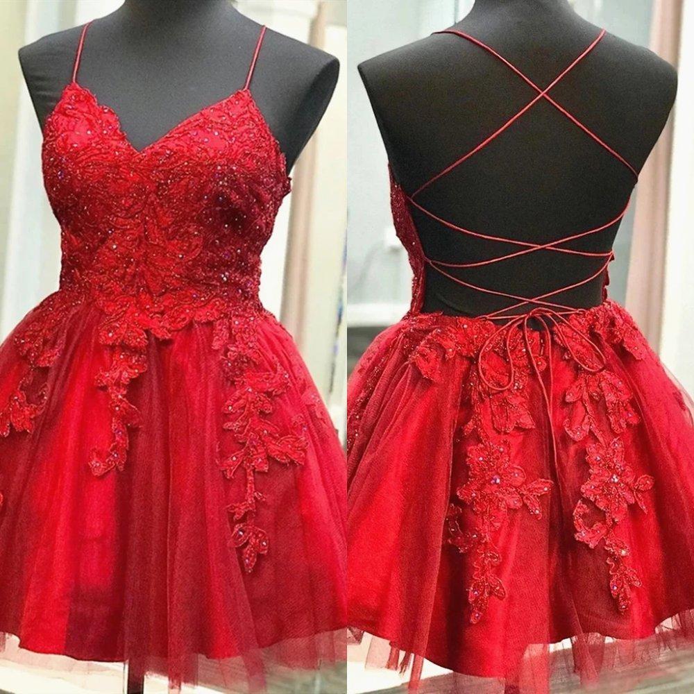 Lace Appliques Homecoming Dresses Spaghetti Straps Beaded Short Prom 