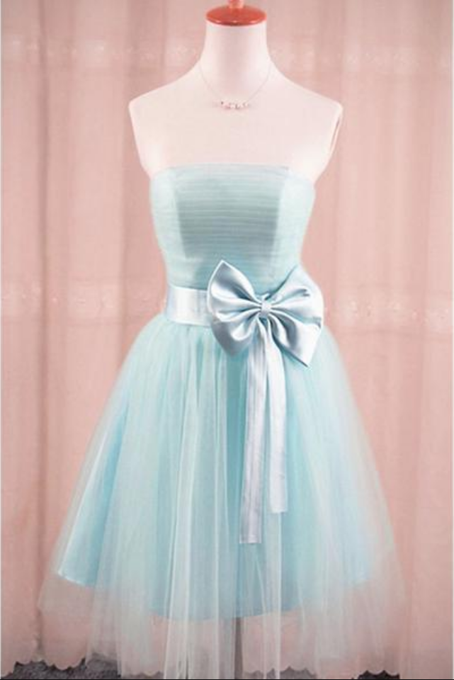 Adorable Light Blue Tulle Formal Dress with Bow, Teen Party Dress main image 1