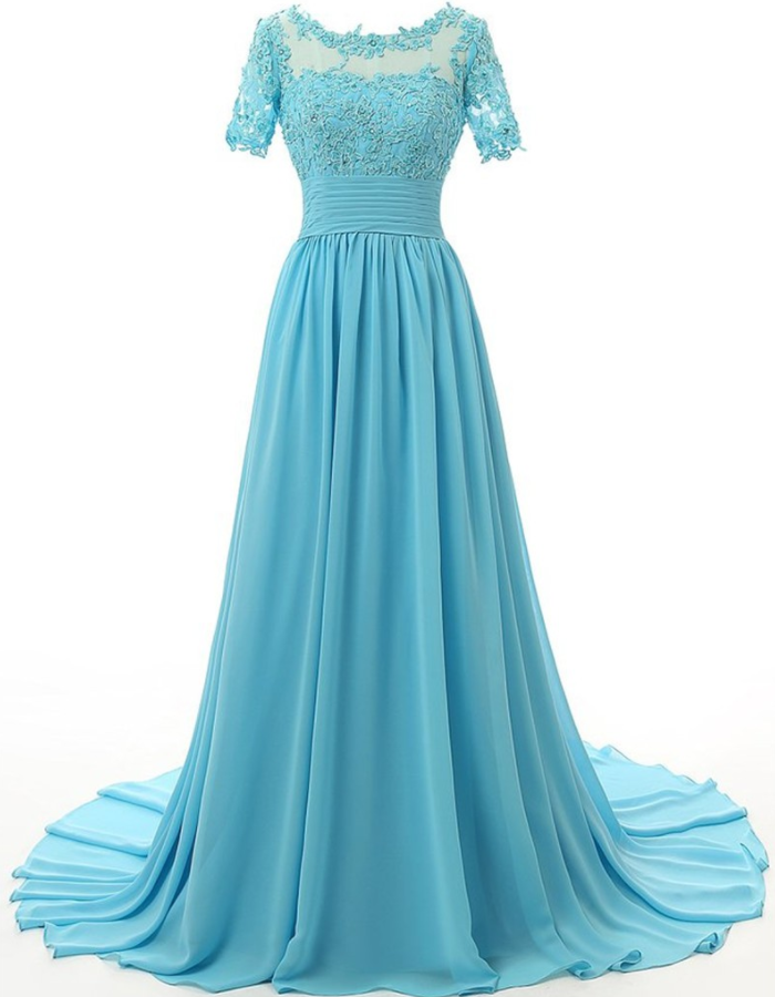 Prom Dresses, Light Blue Chiffon Prom Dress With Lace Appliqués, A-line ...