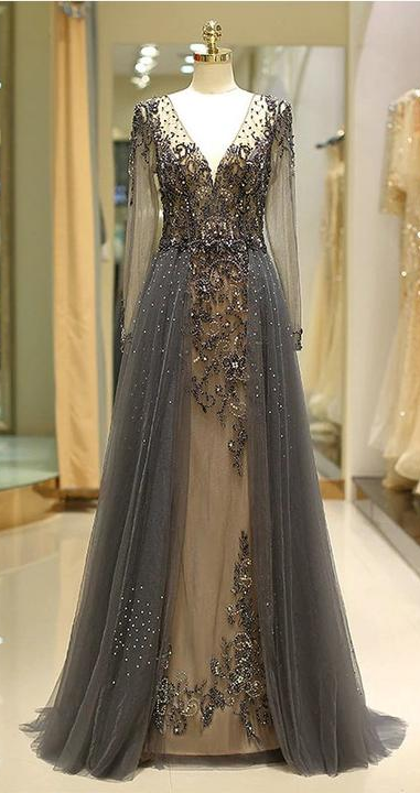 Black Prom Dresses Beaded Crystals A Line Deep V Neck Elegant Modest ...