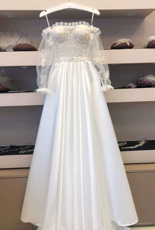 Elegant V Neck White Tulle Long Prom Dresses, Long White Formal Graduation Evening Dresses EP1444