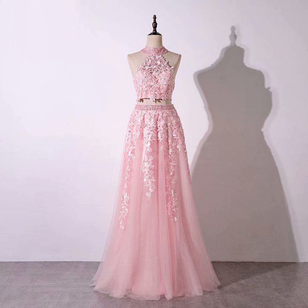 Two Piece Evening Dress Pageant Dresses Vneck Halter Neck Lace — free download