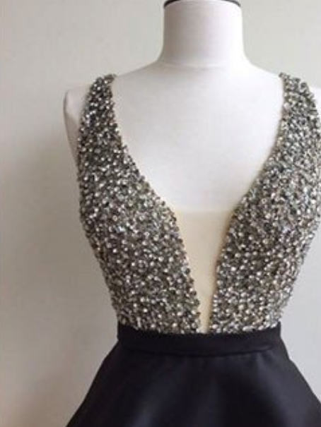Black V Neck A-Line Sequins Short Party Dresses Homecoming Dresses, DP5722 main image 1