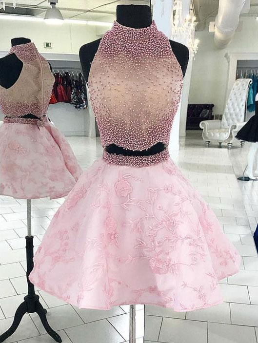Short Two Piece A-line High Neck Satin Backless Prom Homecoming Dress with Pockets