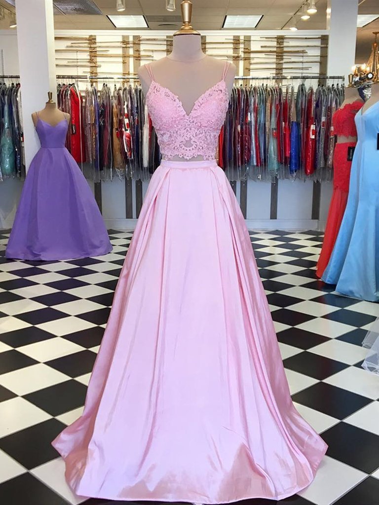 A-Line/Elegant Bateau Short Sleeves Satin Floor-Length Lace Two Piece Prom Dresses main image 0