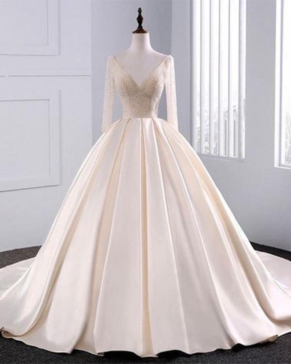 Elegant Long Sleeve Satin Formal Prom Dress, Beautiful Long Prom Dress ...