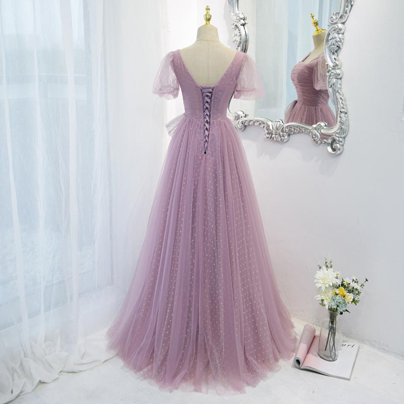 Light Lilac A-Line Short Sleeves Long Party Dress,DP1850
