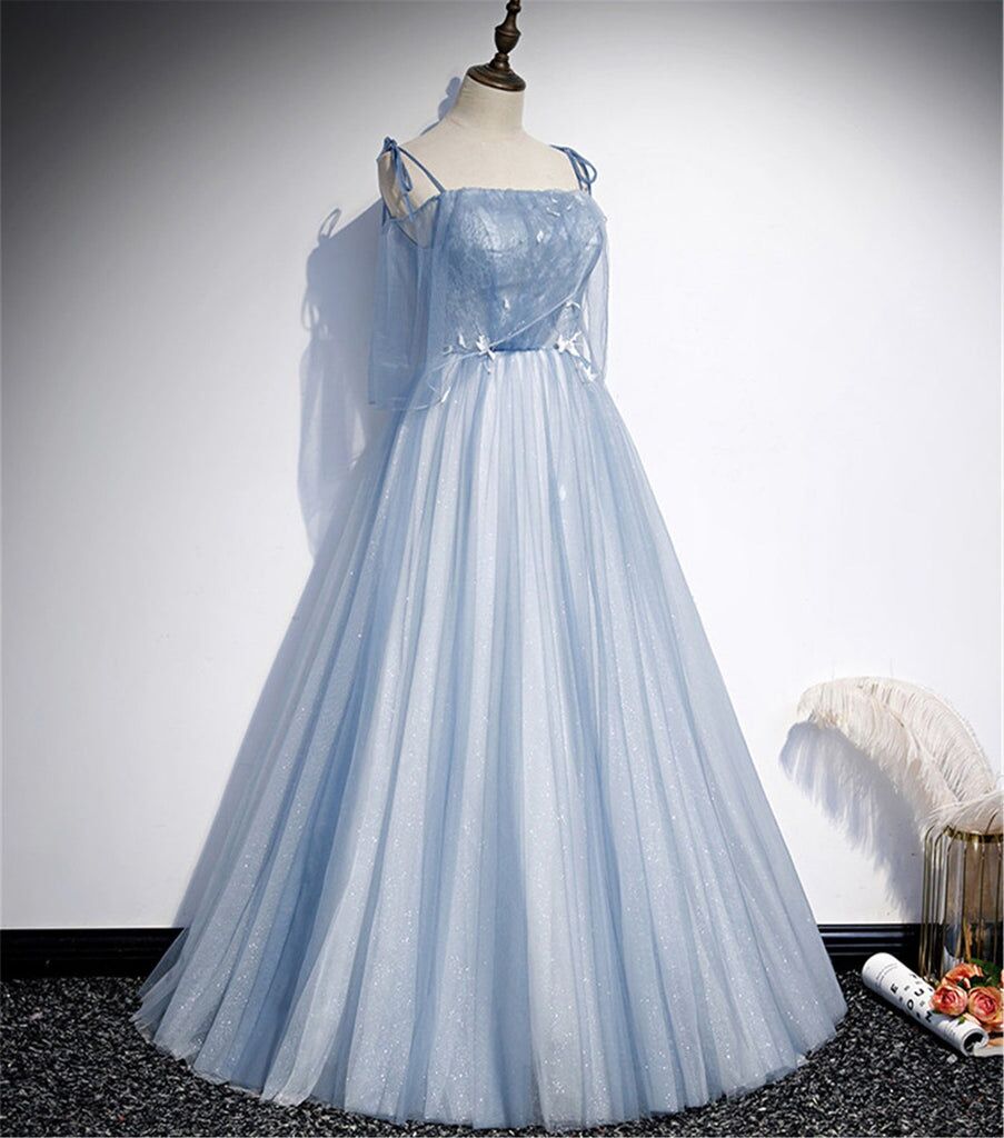Glitter Spaghetti Straps White Tulle Sequin Layered Long Evening Dress Birthday Prom Dress SP1096