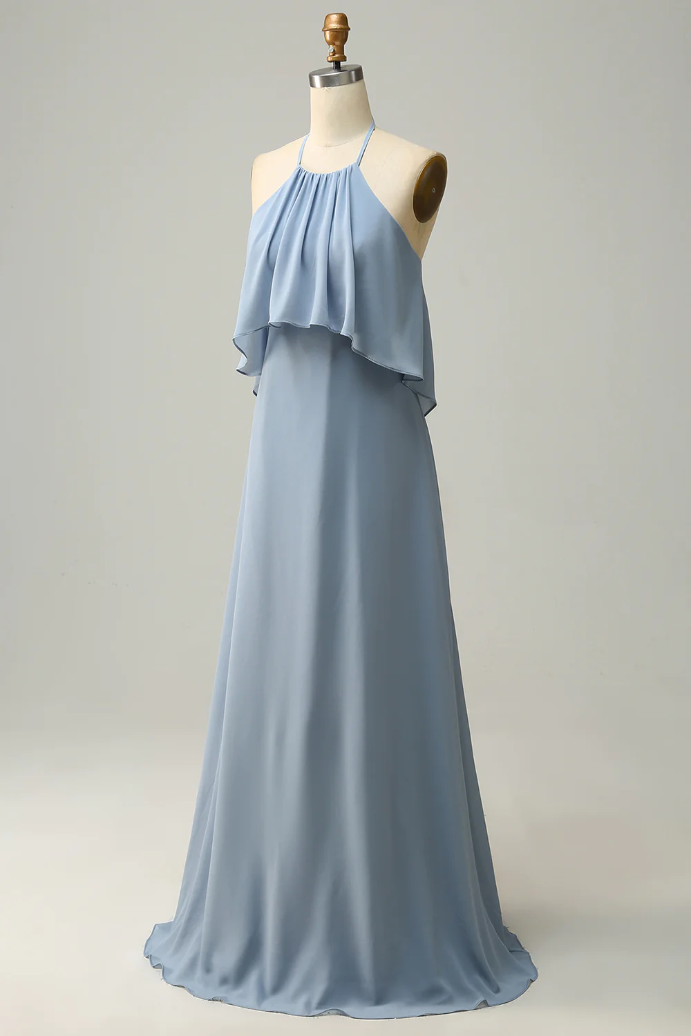 A Line Halter Neck Blue Long Bridesmaid Dress, Beautiful Long Prom ...