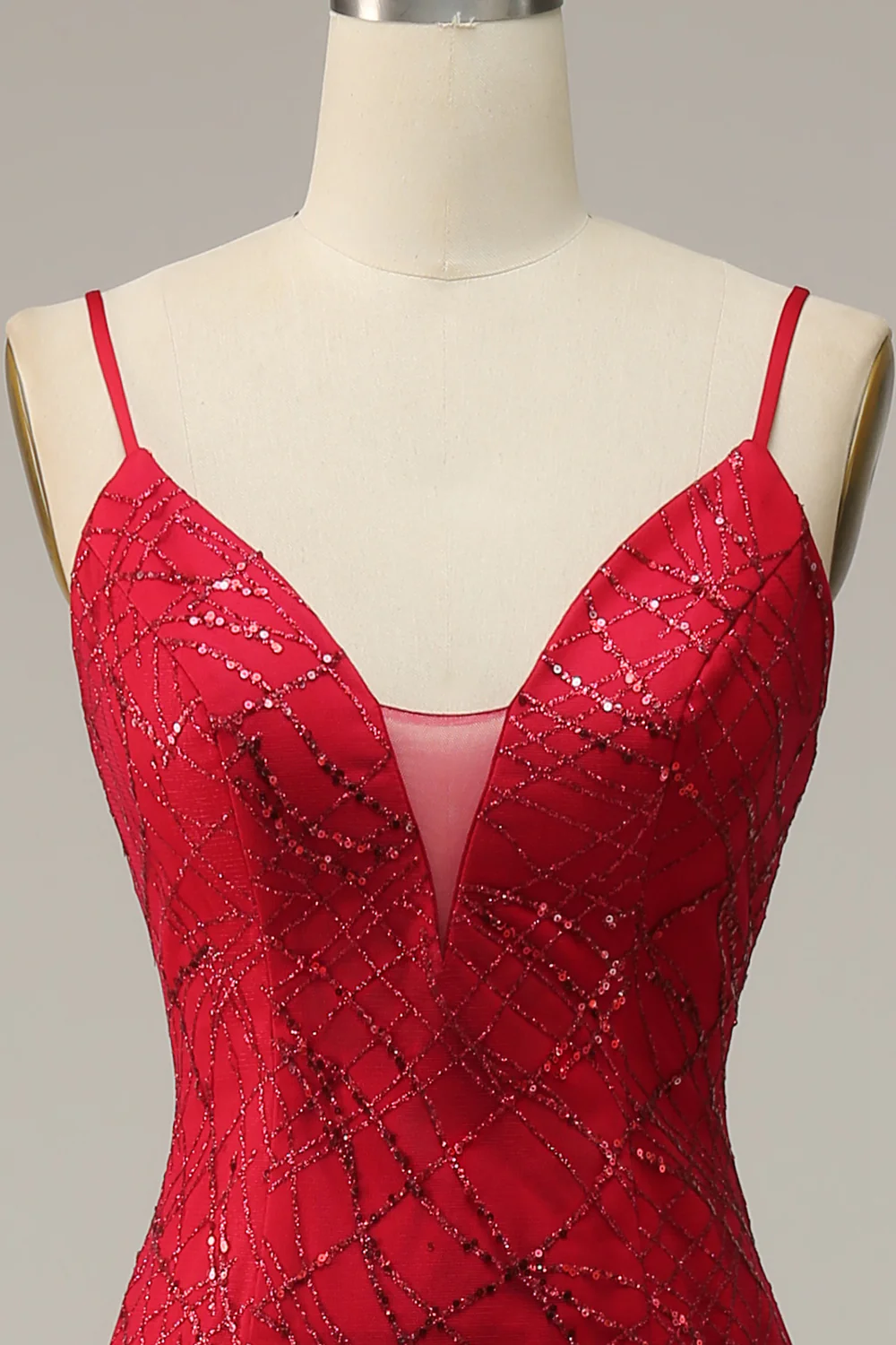 Red Charmeuse Spaghetti Strap Gown with Beaded Slit Evening Dress