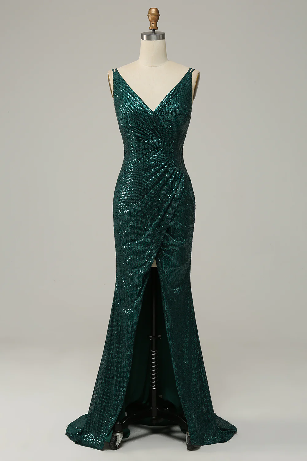 Dark Green Sequined Spaghetti Straps Prom Dress With Slit on Luulla