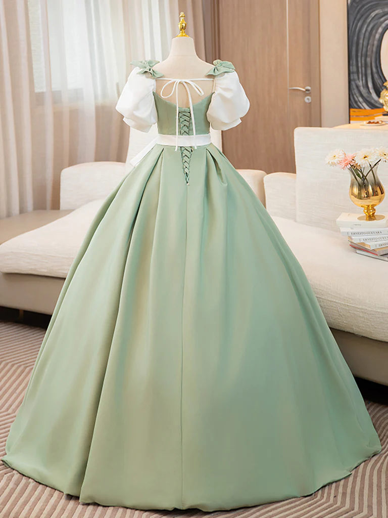 Green Puff Sleeves Satin Long Prom Dress, Green Long Formal Dresses