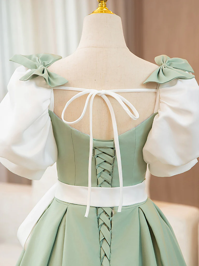 Green Puff sleeves A-Line Long Prom Dresses, Green Tulle Formal Sweet 16 Dress