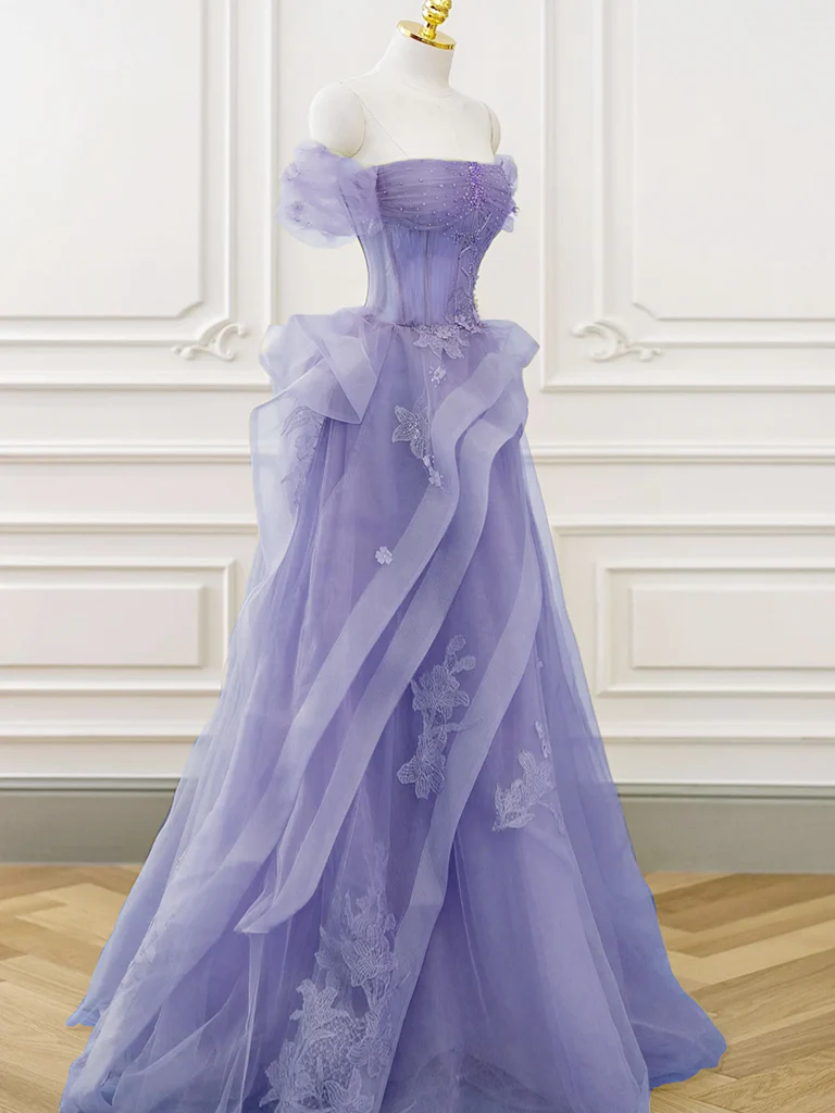 Beautiful Purple Lace and Tulle Long Evening Dress Prom Dress, A-line Tulle Formal Dress