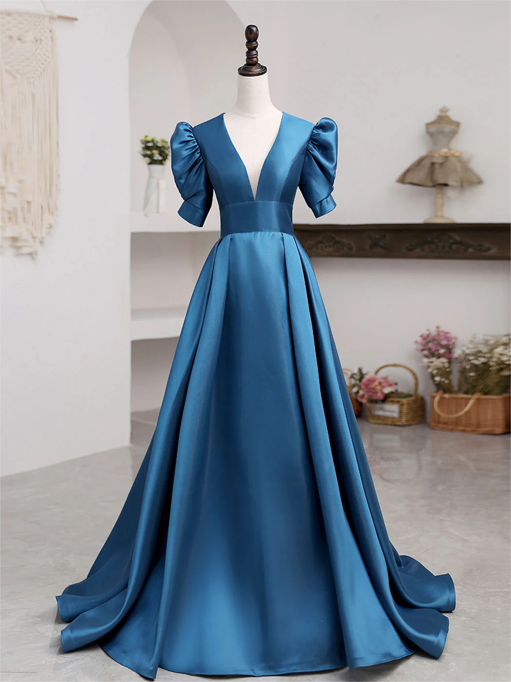 V-Neck Satin Long Prom Dress Simple A-Line Evening Dress