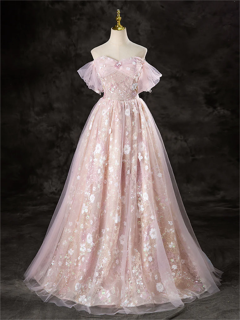 Prom Dress,a-line Off Shoulder Tulle Lace Pink Long Prom Dress, Lace ...