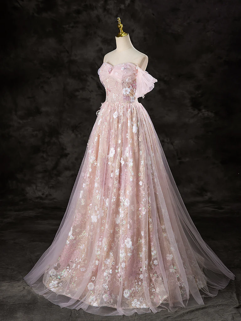 Pink Lace Off Shoulder A-line Long Party Dress, Lace Pink Evening Dress Prom Dress