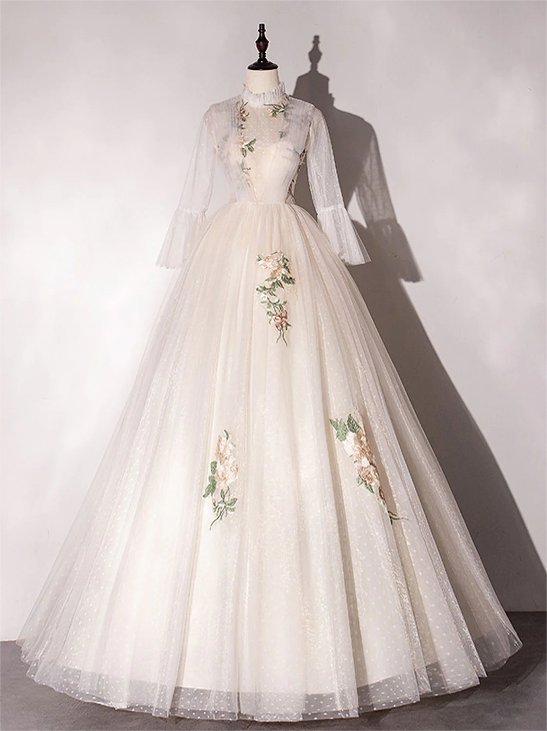 Champagne tulle lace long prom dress,top-quality fabric wedding dress