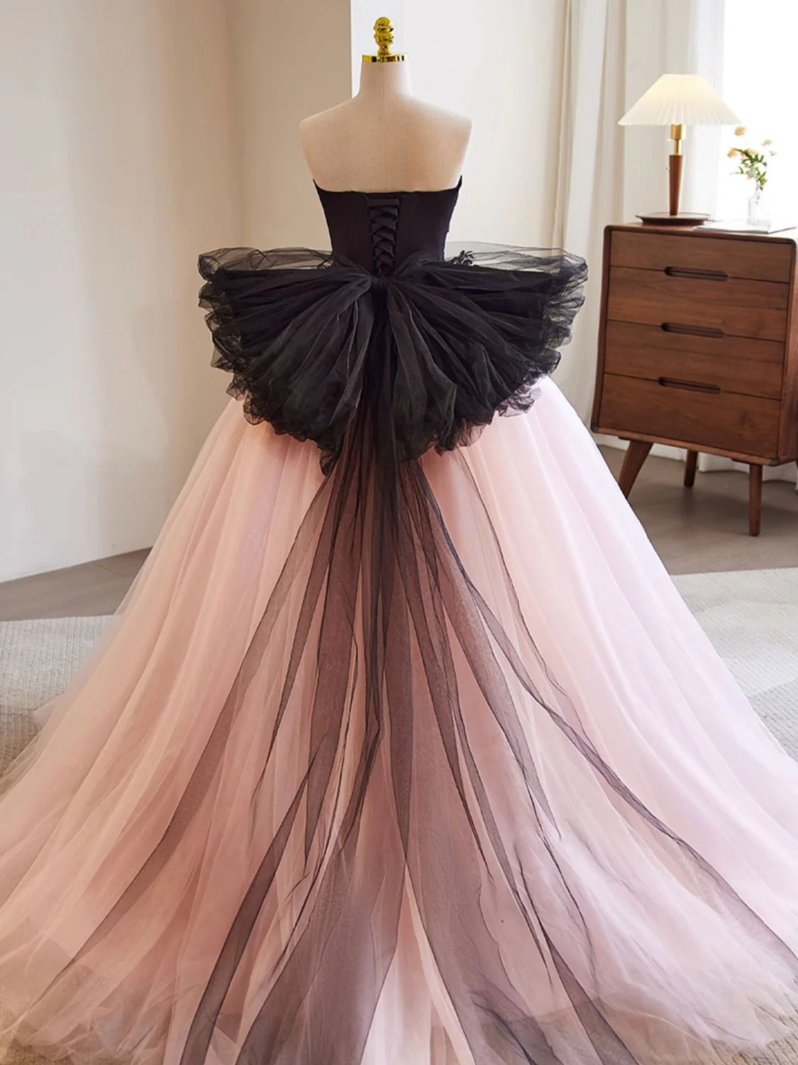 Pink Tulle  Lace Appliques A Line Open Back Long Prom Dress, Pink Party Dress main image 1