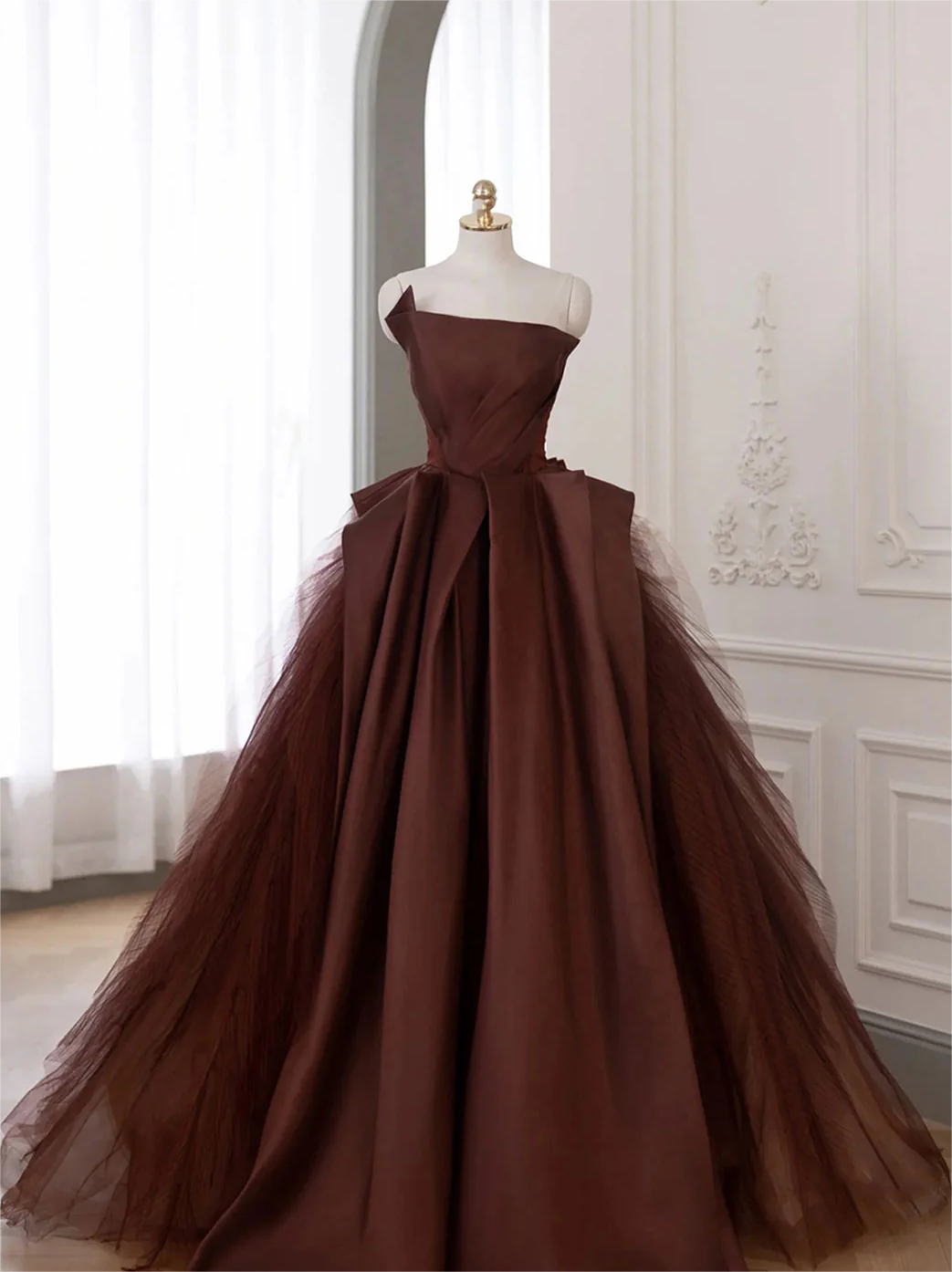 Prom Dress,brown Satin Tulle Long Prom Gown, Brown Long Formal Evening ...